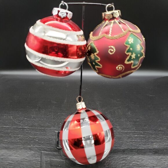 Set of 3 Glass Christmas Ornaments 3" Red White Green Painted Holiday Balls - Picture 1 of 12